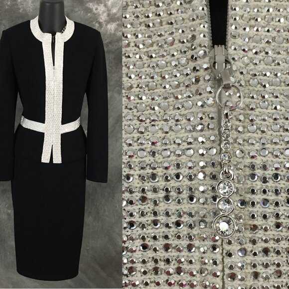 BEAUTIFUL St John evening black rhinestones embellished skirt suit size 4